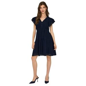 Flutter-Sleeve Navy Eyelet V-Neck Mini Dress